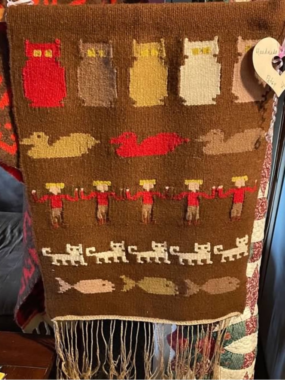 Folk-Style Brown Woven Tapestry with Red & Cream Motifs